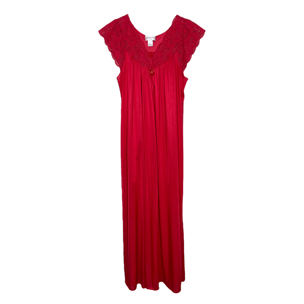 Vintage Shadowline Red Nylon Nightgown Small Long Maxi Lace Bow Nightie